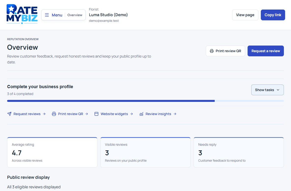 Rate My Biz dashboard showing a demonstration business's rating and review overview