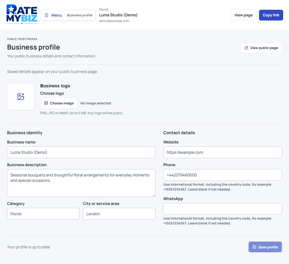 Business profile editor showing logo upload, business identity, contact details, and Save profile controls.