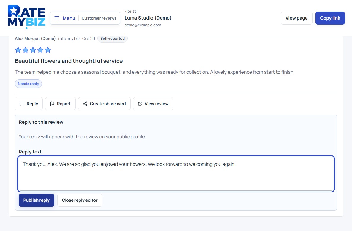 A demo customer review with the Reply text editor, a draft response, and the Publish reply button.