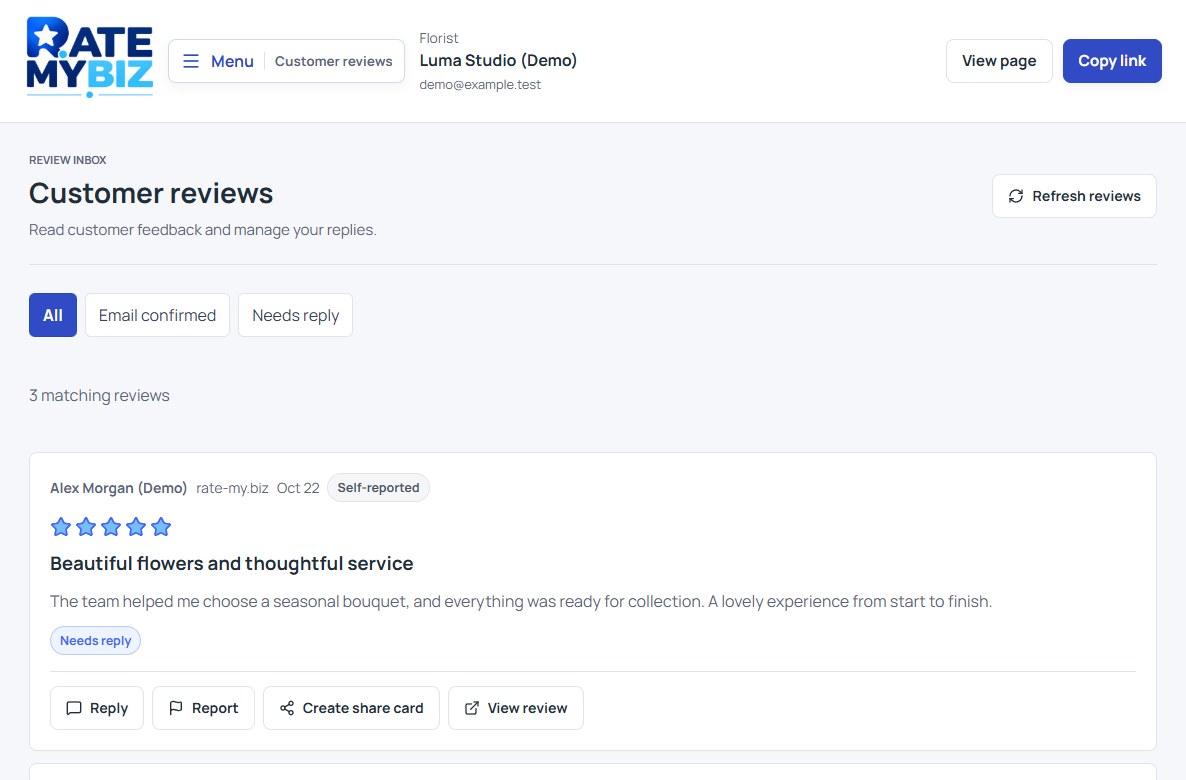 Rate My Biz review inbox with customer feedback and a business reply