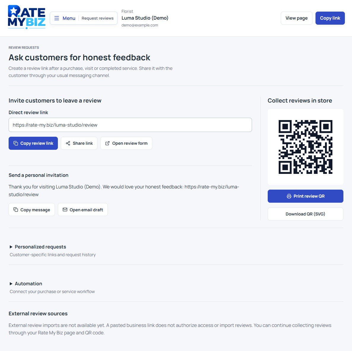 Review request form with Customer name, Customer email, Completed event, and Create review link.