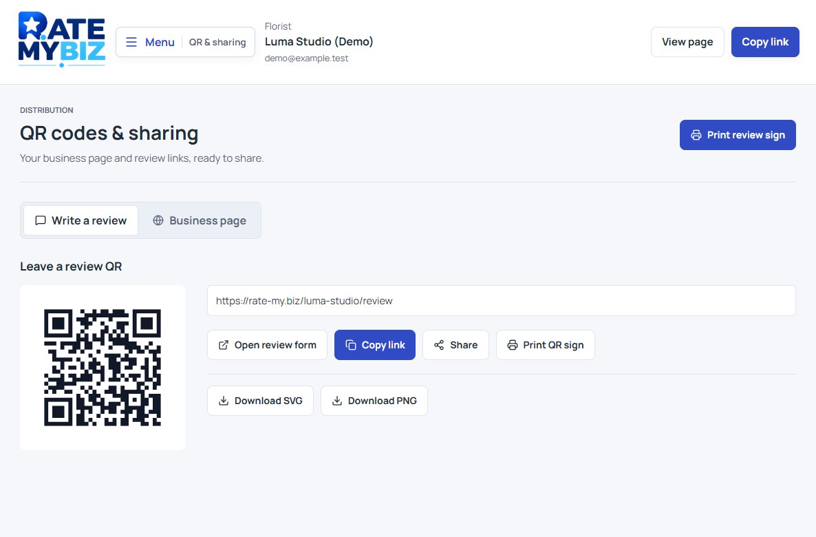 Rate My Biz review request tools with a direct review link and printable QR code