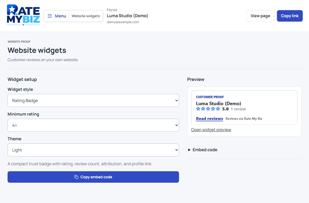 Website widgets showing Rating Badge, a minimum rating of 4+, Light theme, a demo preview, and Copy embed code.